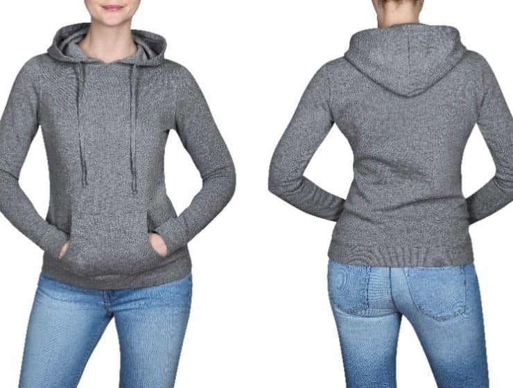 young girl in gray sweatshirt, gray hoodies. white background