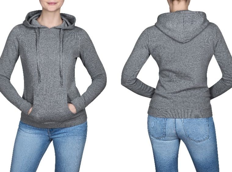 young girl in gray sweatshirt, gray hoodies. white background